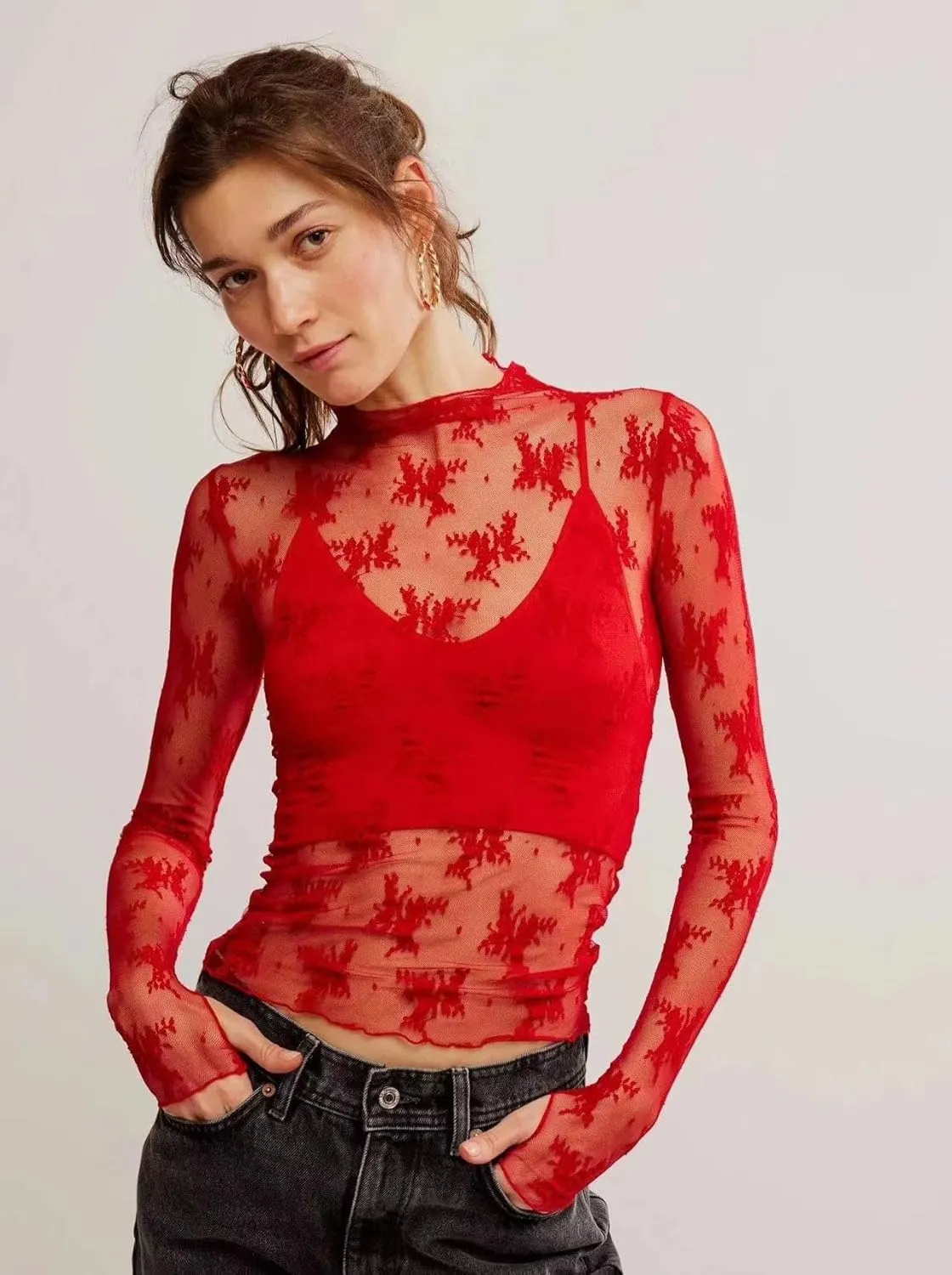 2 Pack Women's Long Sleeve Lace Tops Mesh Tops Sheer Layering Top Sexy Mock Neck Floral See Through Shirt Blouse