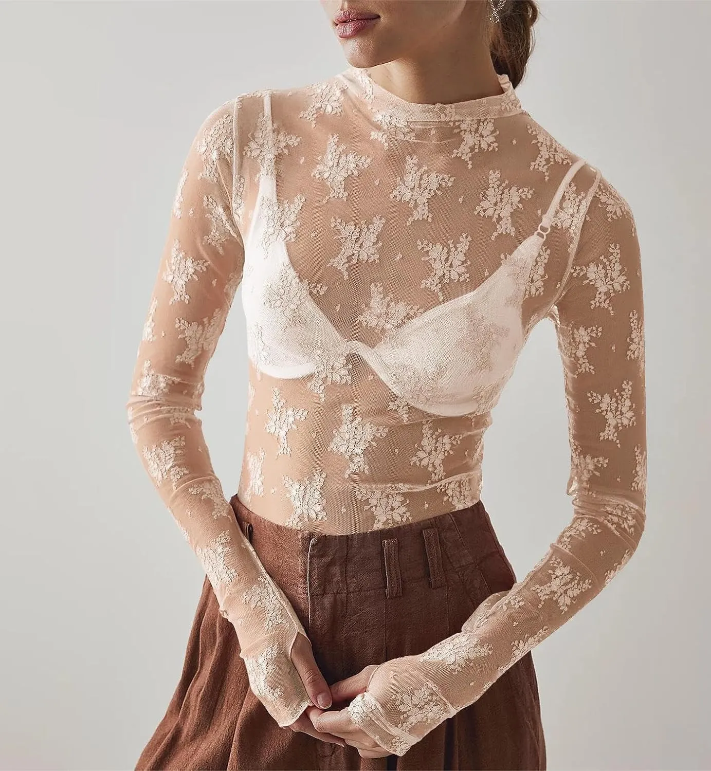 2 Pack Women's Long Sleeve Lace Tops Mesh Tops Sheer Layering Top Sexy Mock Neck Floral See Through Shirt Blouse