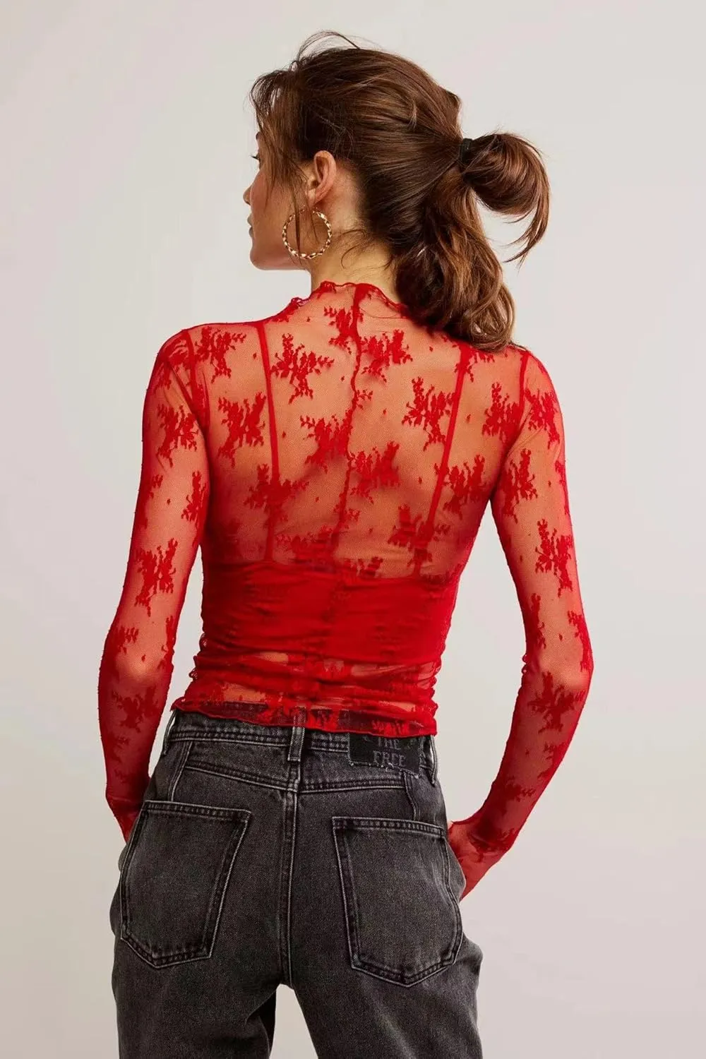 2 Pack Women's Long Sleeve Lace Tops Mesh Tops Sheer Layering Top Sexy Mock Neck Floral See Through Shirt Blouse