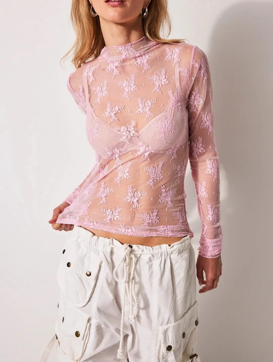 2 Pack Women's Long Sleeve Lace Tops Mesh Tops Sheer Layering Top Sexy Mock Neck Floral See Through Shirt Blouse