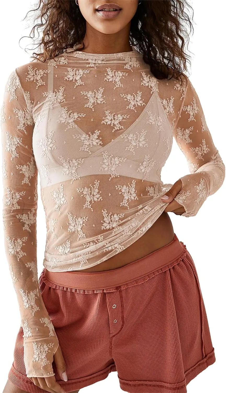 2 Pack Women's Long Sleeve Lace Tops Mesh Tops Sheer Layering Top Sexy Mock Neck Floral See Through Shirt Blouse