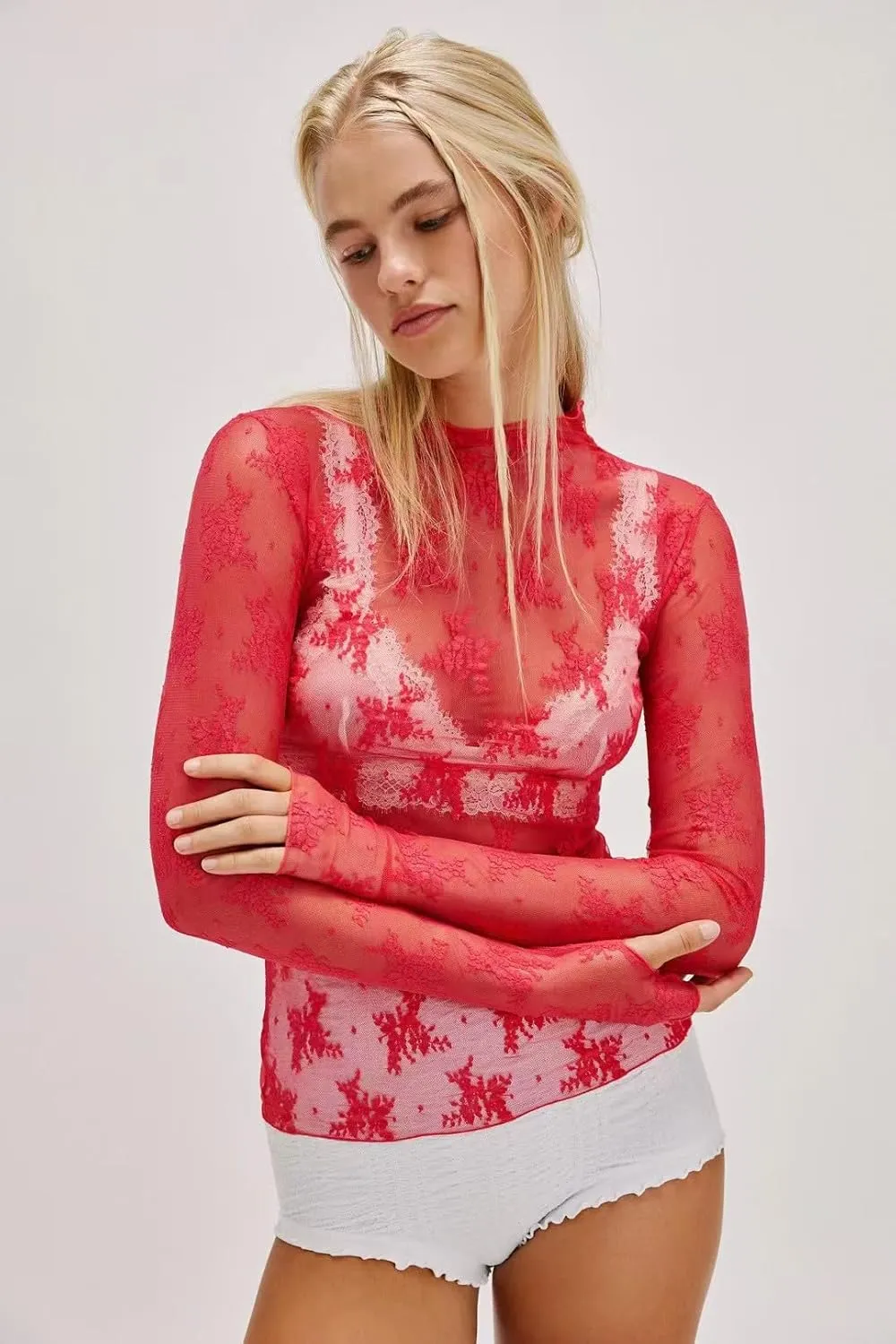 2 Pack Women's Long Sleeve Lace Tops Mesh Tops Sheer Layering Top Sexy Mock Neck Floral See Through Shirt Blouse