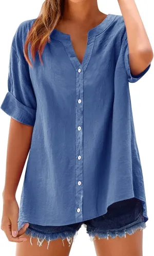 2025 Summer Linen Tops for Women Trendy Roll Up Short Sleeve Tshirts Workout Button Down Plus Size Cotton Linen Shirt