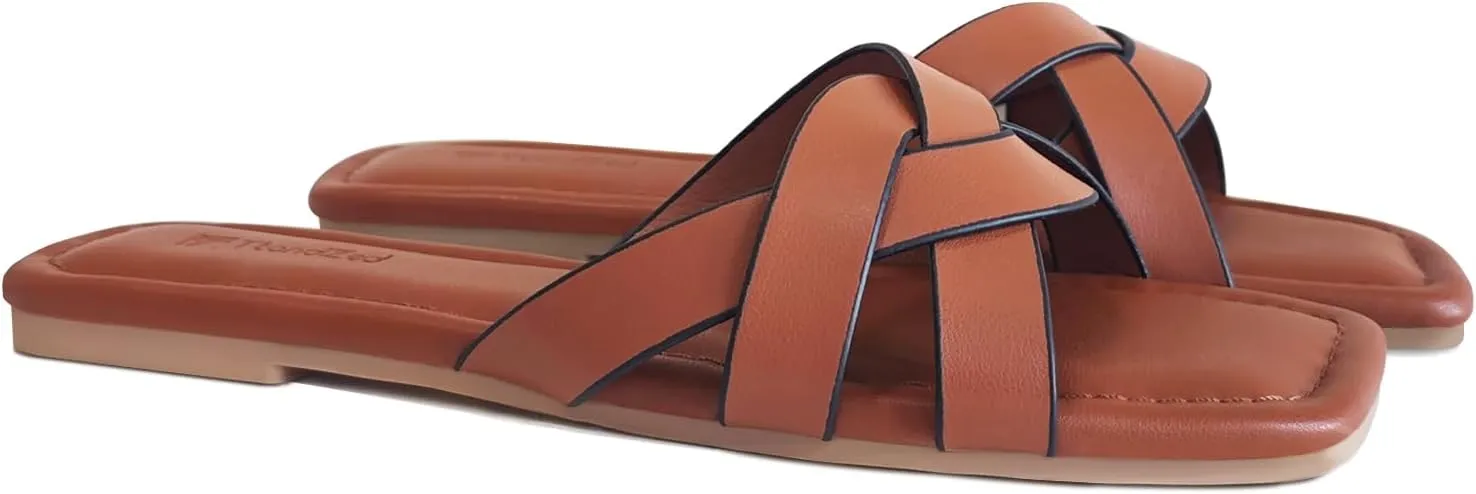 2025 Women's Flat Sandals - Braided Square Toe Fashion Slide Sandals, Comfortable Leather Slip On Slippers for Summer Size 6-11