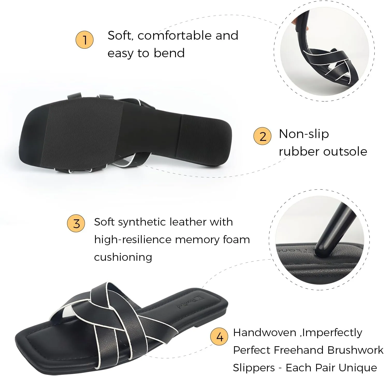 2025 Women's Flat Sandals - Braided Square Toe Fashion Slide Sandals, Comfortable Leather Slip On Slippers for Summer Size 6-11