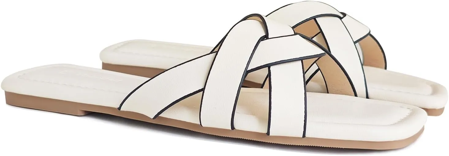 2025 Women's Flat Sandals - Braided Square Toe Fashion Slide Sandals, Comfortable Leather Slip On Slippers for Summer Size 6-11