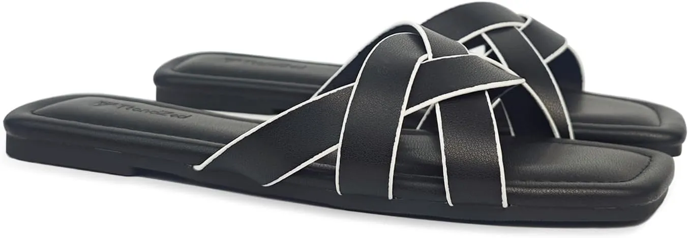 2025 Women's Flat Sandals - Braided Square Toe Fashion Slide Sandals, Comfortable Leather Slip On Slippers for Summer Size 6-11