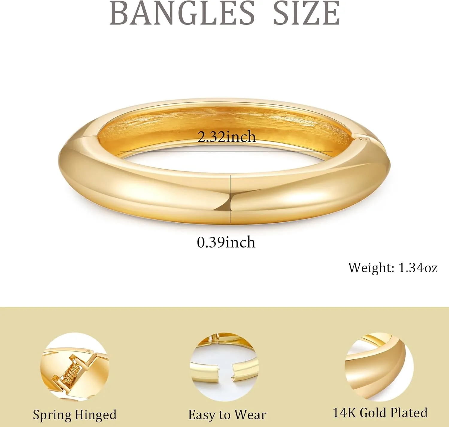2pcs Gold Bangle Bracelets for Women, Trendy Hinged Cuff Open Wide Chunky Gold Bracelet Stack Arm Cuff Jewelry for Women
