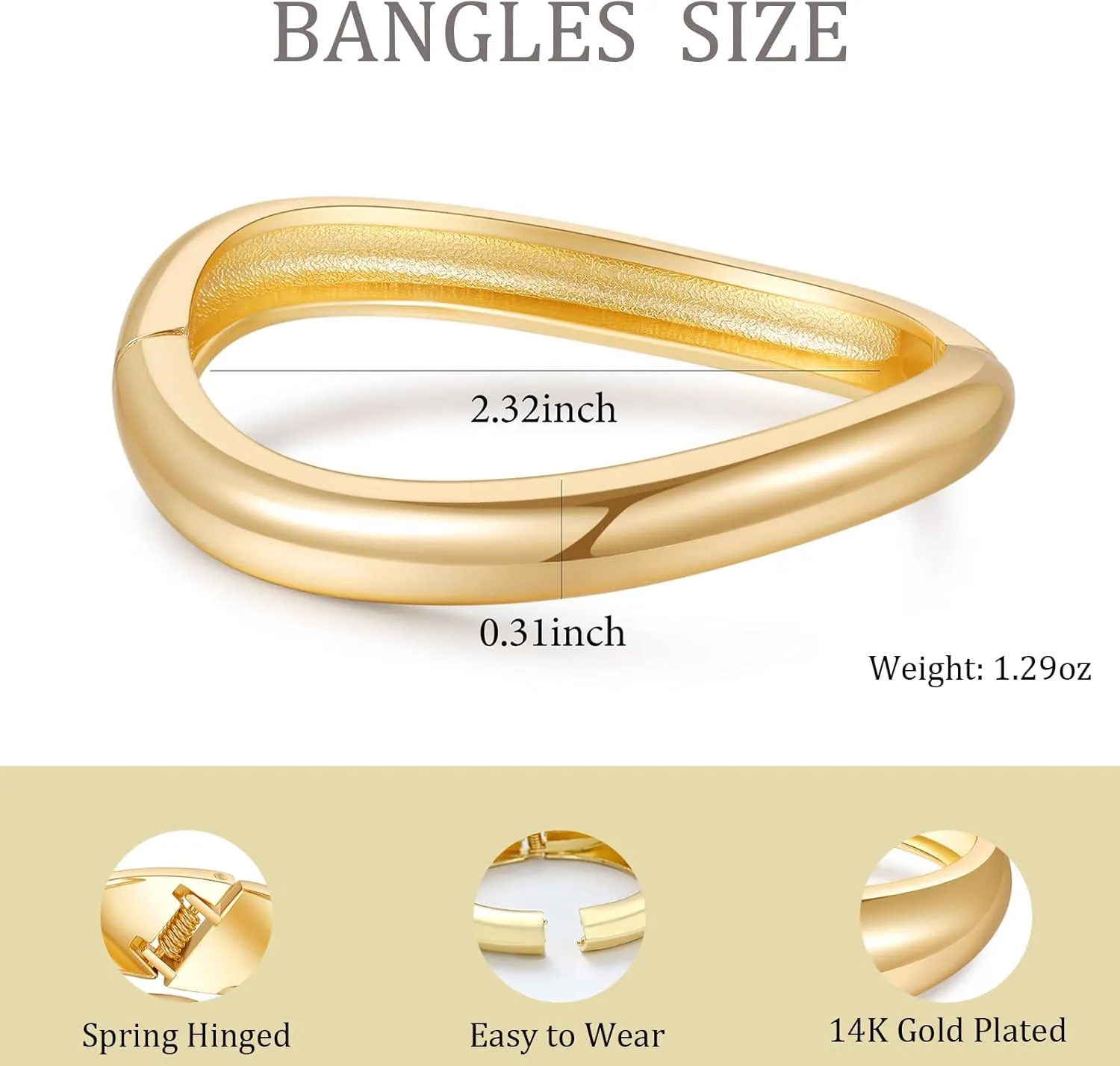 2pcs Gold Bangle Bracelets for Women, Trendy Hinged Cuff Open Wide Chunky Gold Bracelet Stack Arm Cuff Jewelry for Women
