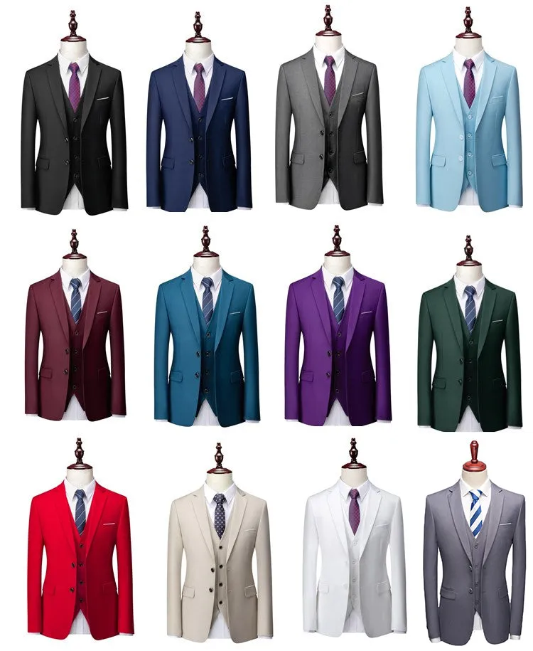 3 Piece ( Jacket   Vest   Pants ) Boutique Pure Color Mens Business Suit Three-piece and Two-piece Groom Wedding Formal Wear