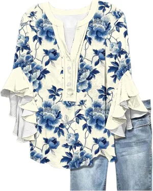 3/4 Length Sleeve Women Tops V Neck Ruffle Shirts Casual Summer Floral Boho Blouses Plus Size Spring Clothes