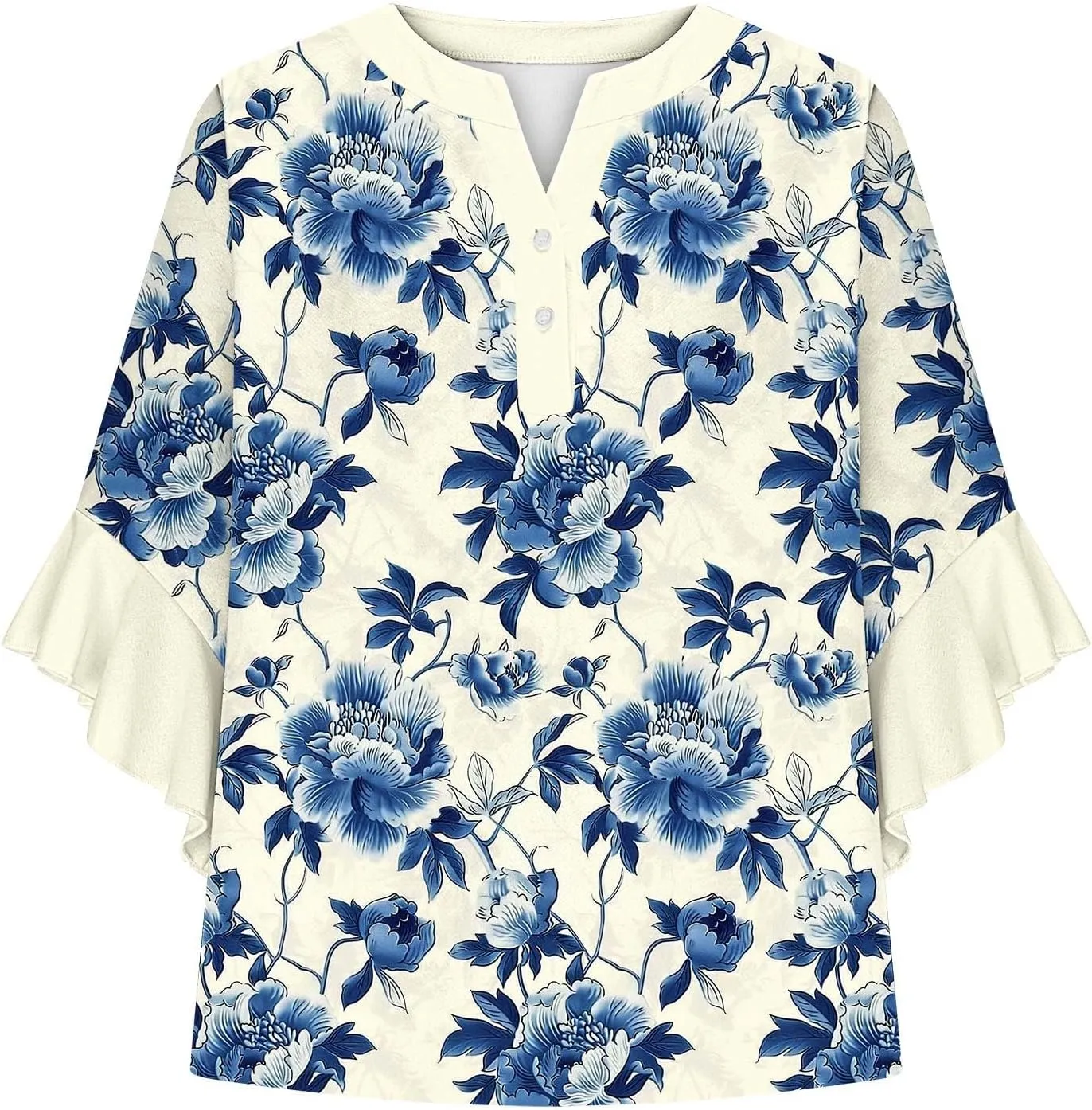 3/4 Length Sleeve Women Tops V Neck Ruffle Shirts Casual Summer Floral Boho Blouses Plus Size Spring Clothes