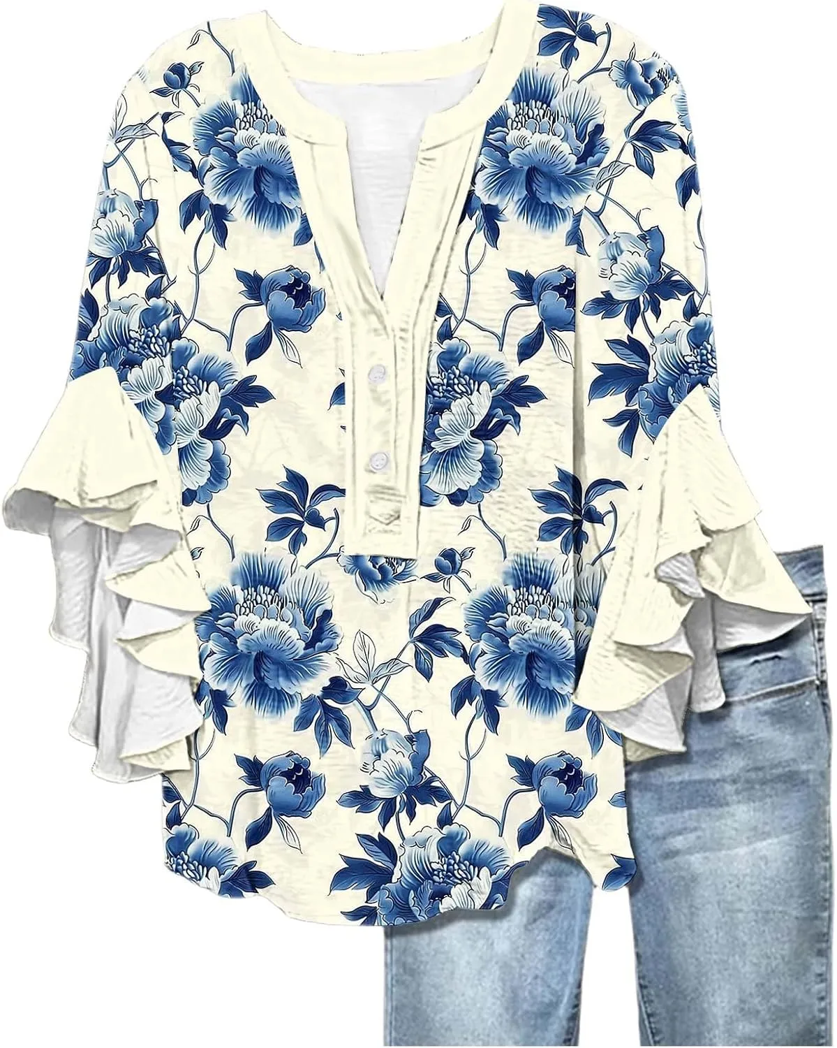 3/4 Length Sleeve Women Tops V Neck Ruffle Shirts Casual Summer Floral Boho Blouses Plus Size Spring Clothes