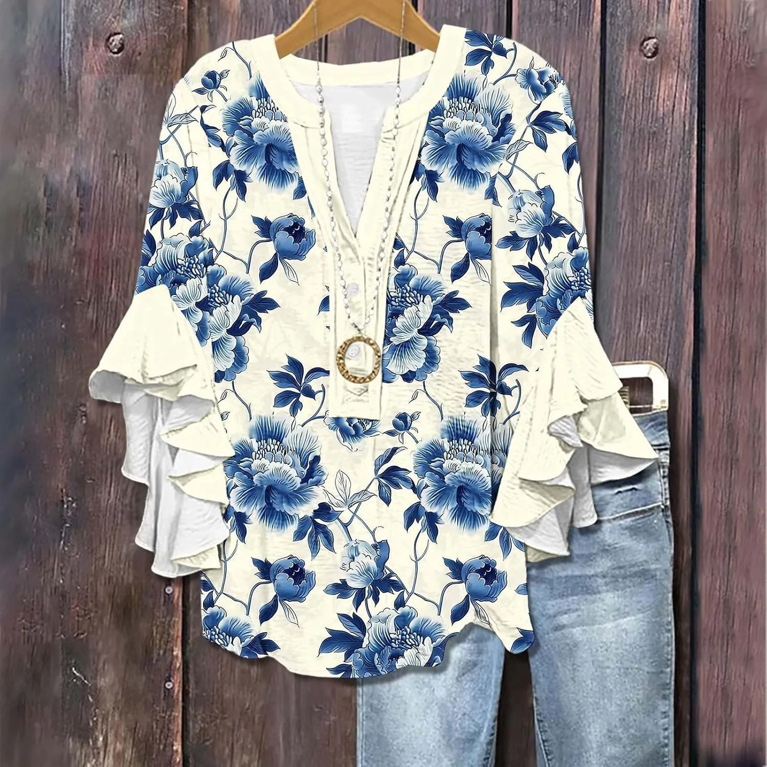 3/4 Length Sleeve Women Tops V Neck Ruffle Shirts Casual Summer Floral Boho Blouses Plus Size Spring Clothes