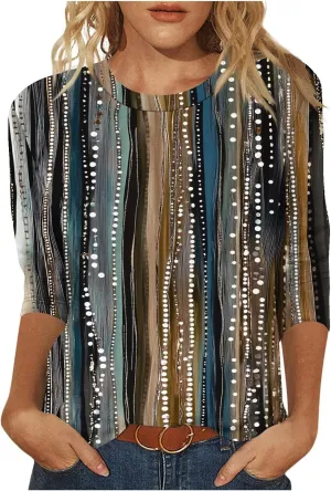 3/4 Length Sleeve Womens Floral T Shirts Summer Crewneck Boho Tops Cute Dressy Tunic Loose Three Quarter Sleeves Tees