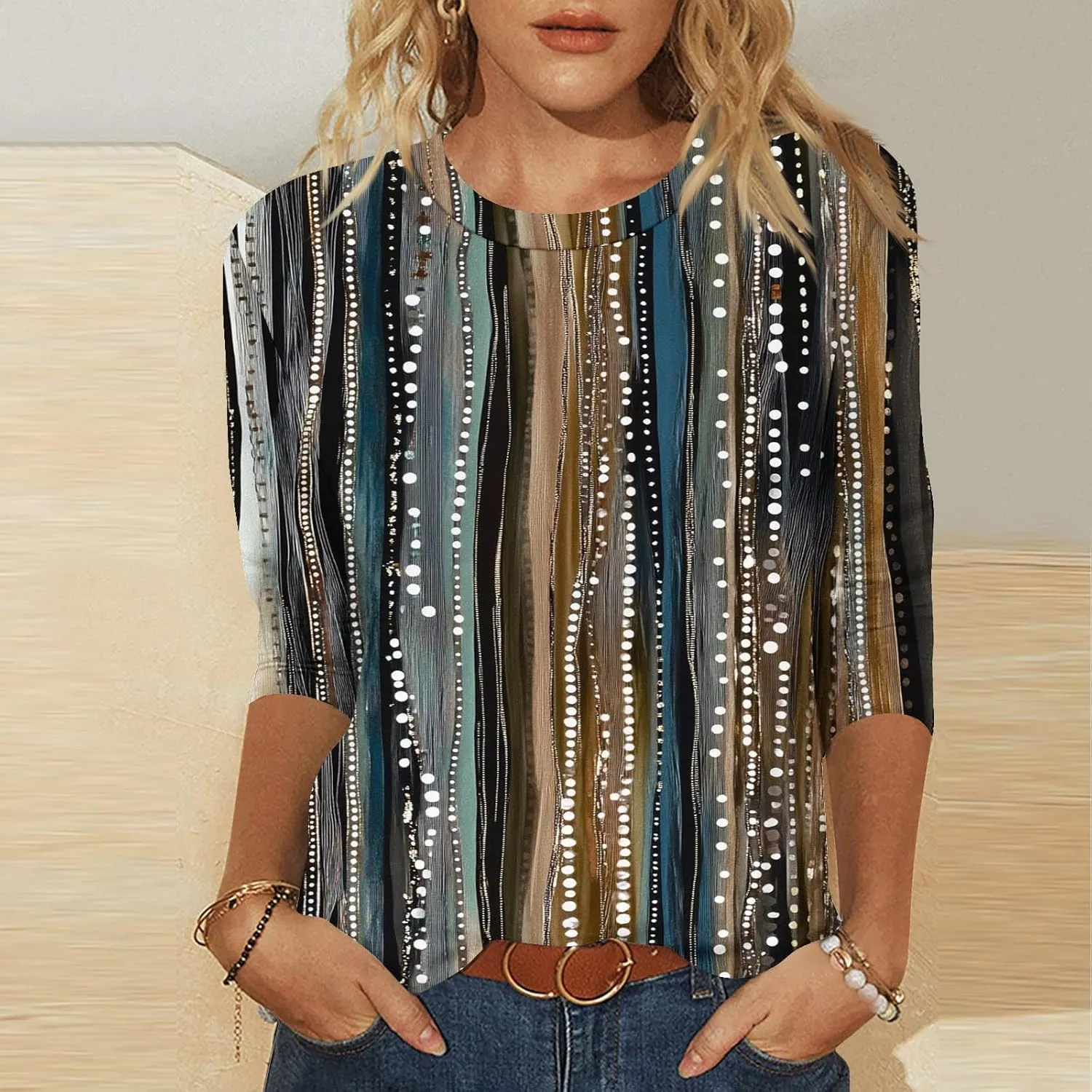 3/4 Length Sleeve Womens Floral T Shirts Summer Crewneck Boho Tops Cute Dressy Tunic Loose Three Quarter Sleeves Tees