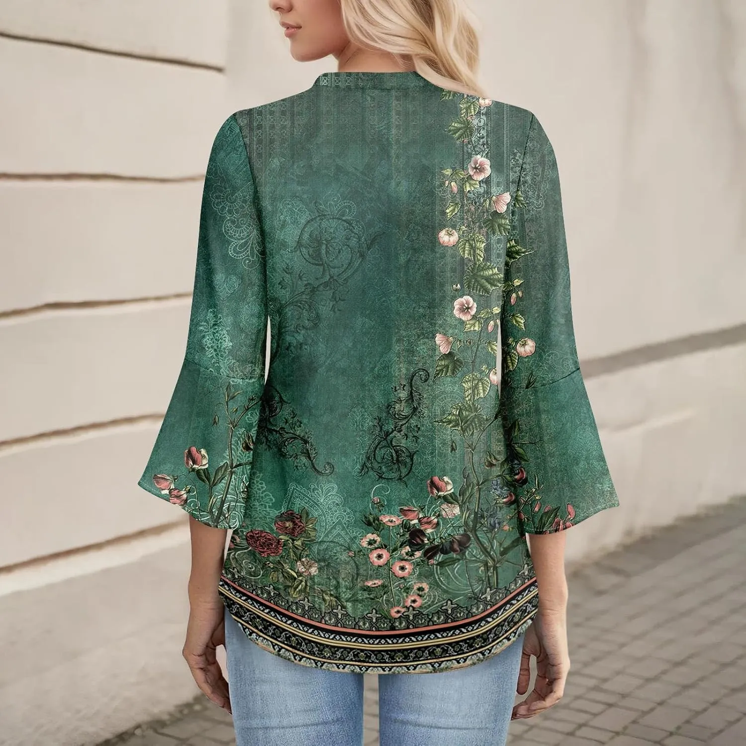 3/4 Length Sleeve Womens Tops V Neck Spring Outfits 2025 Trendy Petal Bell Sleeve Fitted Tunics Tops Shirts