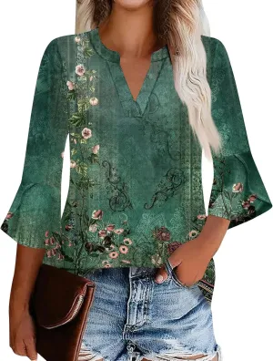 3/4 Length Sleeve Womens Tops V Neck Spring Outfits 2025 Trendy Petal Bell Sleeve Fitted Tunics Tops Shirts