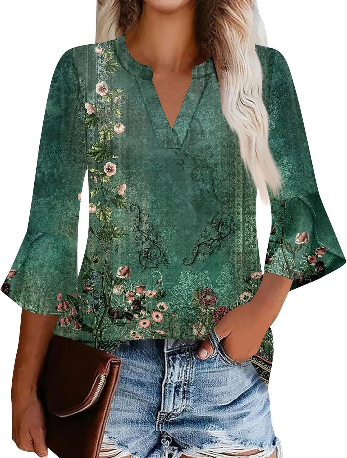 3/4 Length Sleeve Womens Tops V Neck Spring Outfits 2025 Trendy Petal Bell Sleeve Fitted Tunics Tops Shirts