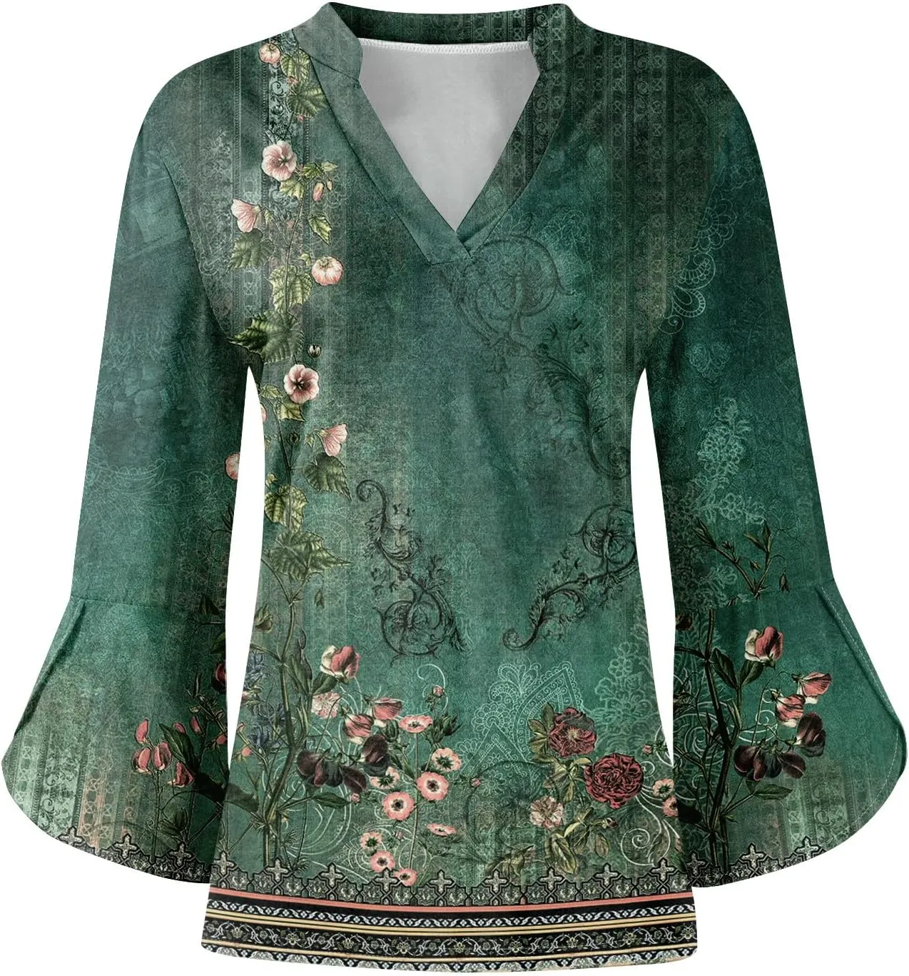 3/4 Length Sleeve Womens Tops V Neck Spring Outfits 2025 Trendy Petal Bell Sleeve Fitted Tunics Tops Shirts