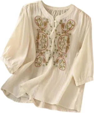 3/4 Sleeve Linen Shirts for Women Cotton Summer Retro Embroidered Boho Tops Dressy Casual Trendy Vacation Blouse
