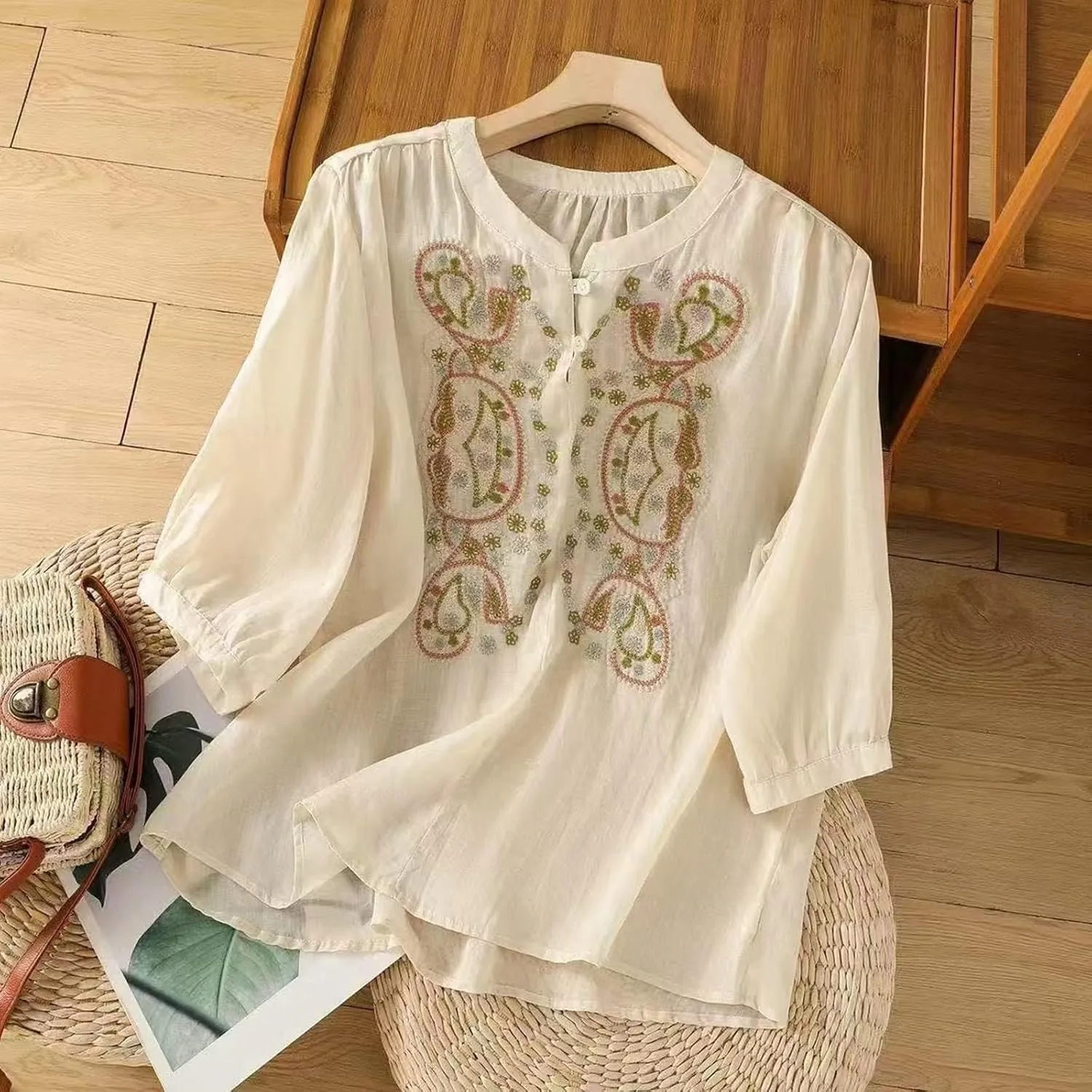 3/4 Sleeve Linen Shirts for Women Cotton Summer Retro Embroidered Boho Tops Dressy Casual Trendy Vacation Blouse