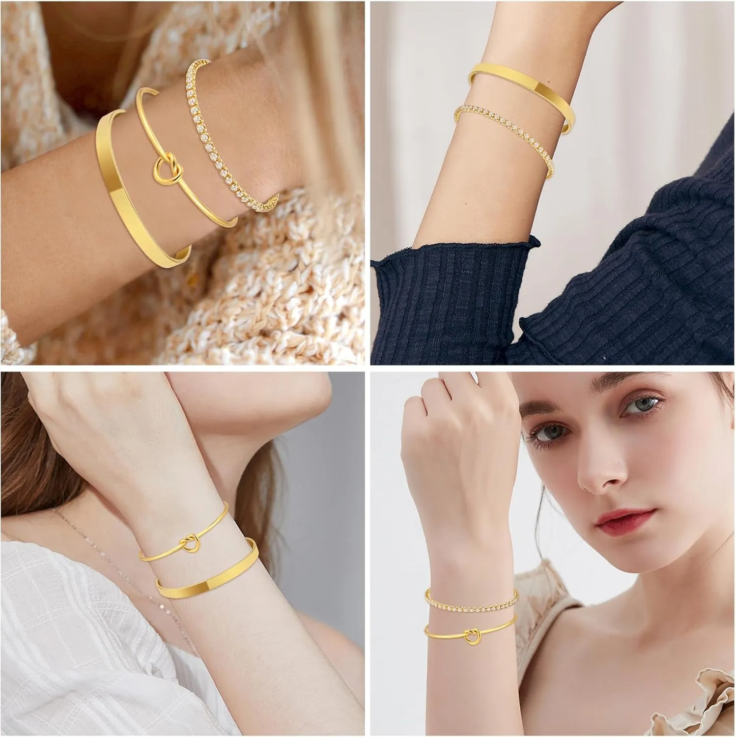 3Pcs 14K Gold Plated Bracelets Stack for Women Gold Bangles Cuff Bracelets Set