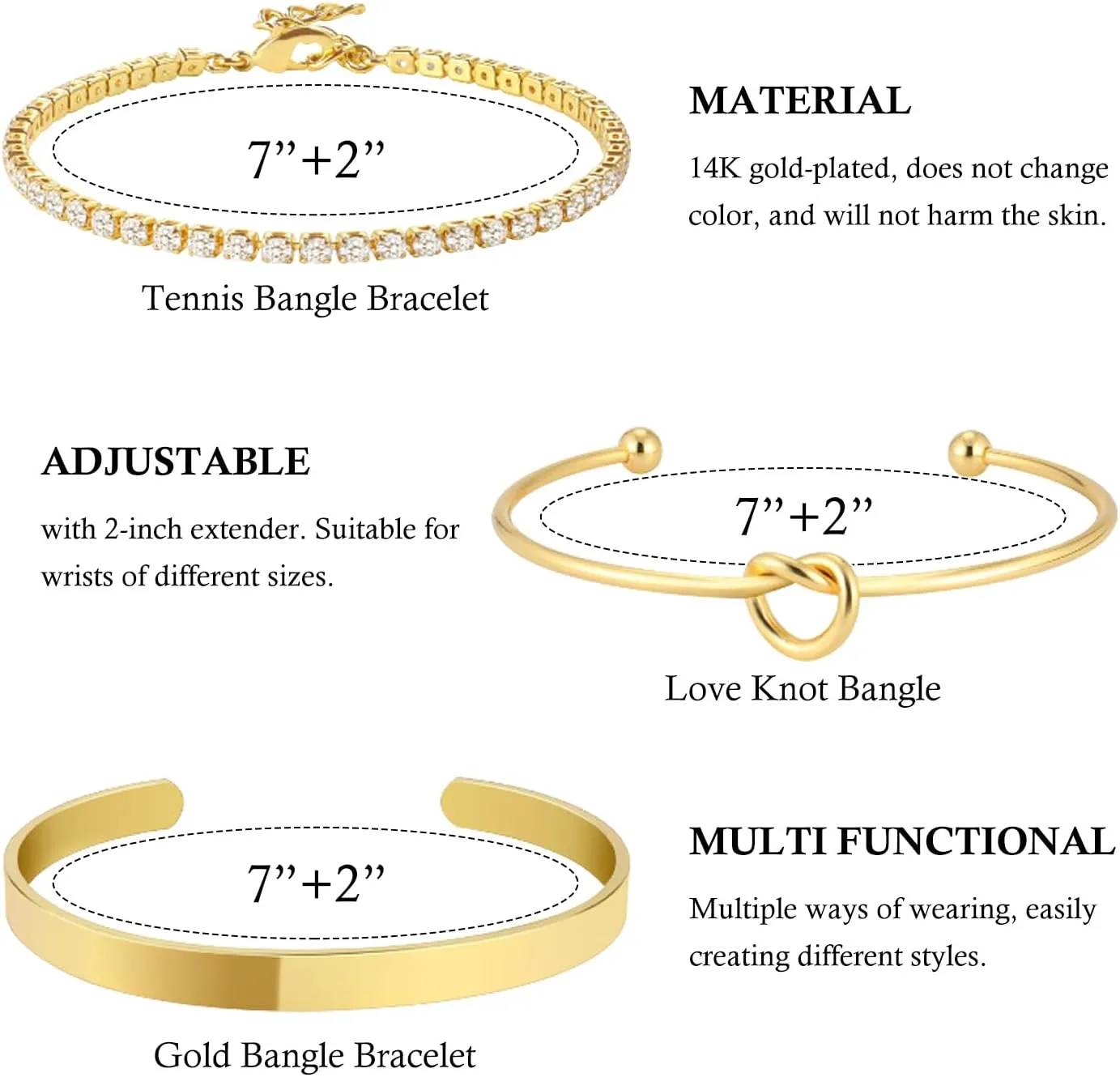 3Pcs 14K Gold Plated Bracelets Stack for Women Gold Bangles Cuff Bracelets Set