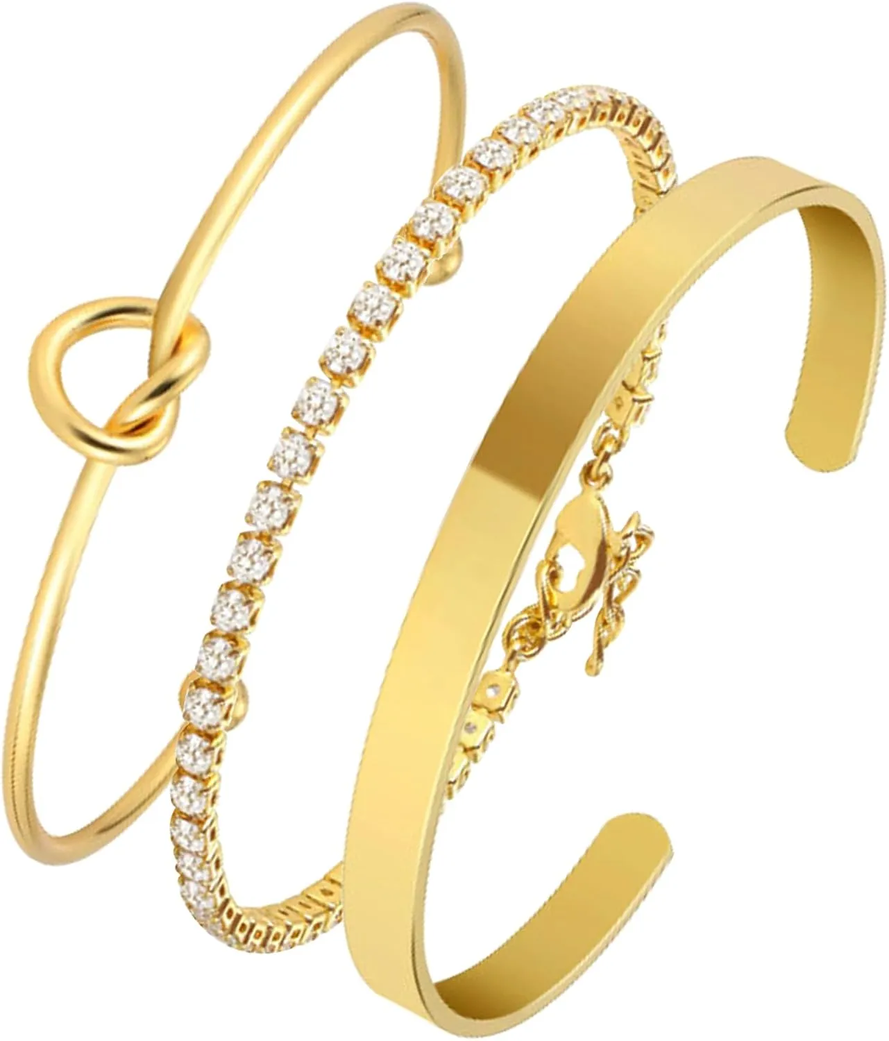 3Pcs 14K Gold Plated Bracelets Stack for Women Gold Bangles Cuff Bracelets Set