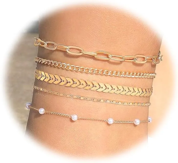 5 Pairs Gold/Silver Stacking Anklets Bracelet Sets for Women Stylish Pearl Cuban Chain Multilayer Anklets Layered Stacked Figaro Link Anklet Set Summer Beach Jewelry Adjustable