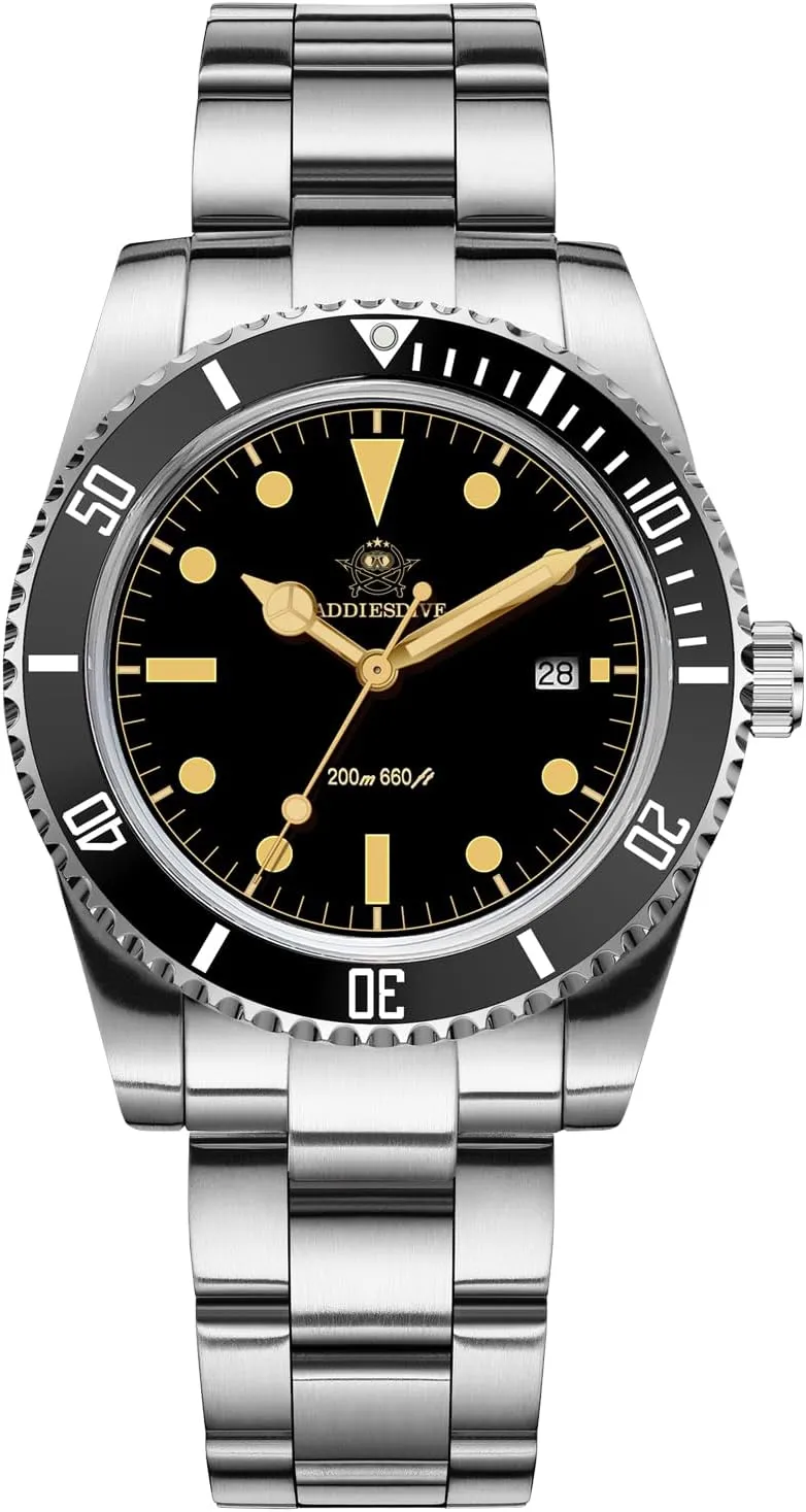 ADDIESDIVE 12MM Dive Watches for Men 200M Waterproof Bidirectional Ceramic Bezel Retro Luminous Mens Quartz Watch with Stianless Steel Bracelet