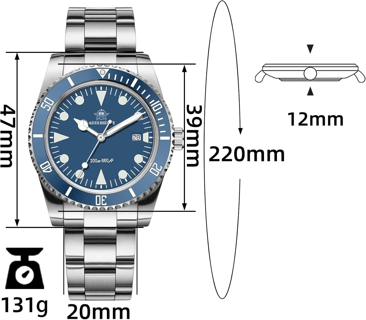ADDIESDIVE Dive Watches for Men Ultra-Thin Bidirectional Bezel Waterproof 200 M Quartz Movement Curved Crystal Slim Diving Watch