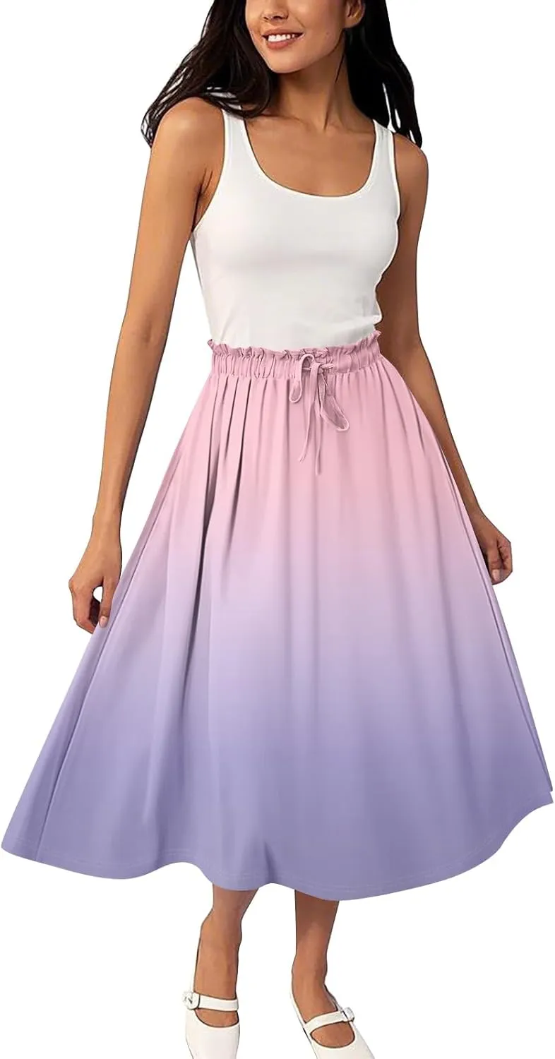 ADHOWBEW Long Skirts for Women A Line Midi Length Ruffle Plus Size Trendy High Waisted Cute Casual Flowy Beach Spring Skirts