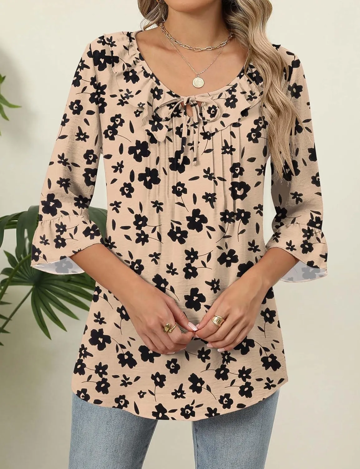 AKEWEI Womens 3/4 Length Sleeve Scoop Neck Tops Summer Tie Front Ruffle Shirts Casual Bell Sleeve Pleated Blouses 2025