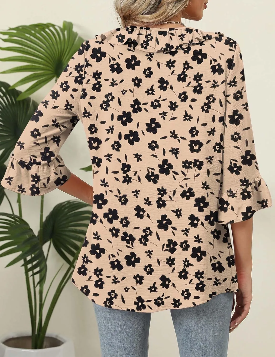 AKEWEI Womens 3/4 Length Sleeve Scoop Neck Tops Summer Tie Front Ruffle Shirts Casual Bell Sleeve Pleated Blouses 2025