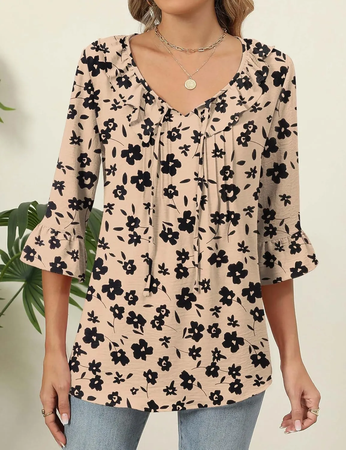 AKEWEI Womens 3/4 Length Sleeve Scoop Neck Tops Summer Tie Front Ruffle Shirts Casual Bell Sleeve Pleated Blouses 2025
