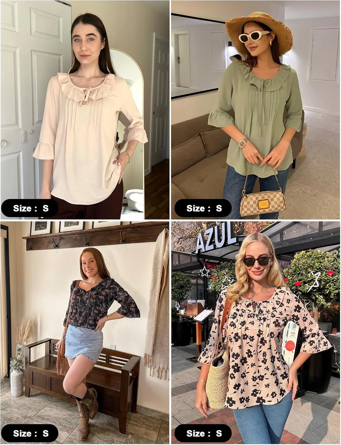 AKEWEI Womens 3/4 Length Sleeve Scoop Neck Tops Summer Tie Front Ruffle Shirts Casual Bell Sleeve Pleated Blouses 2025