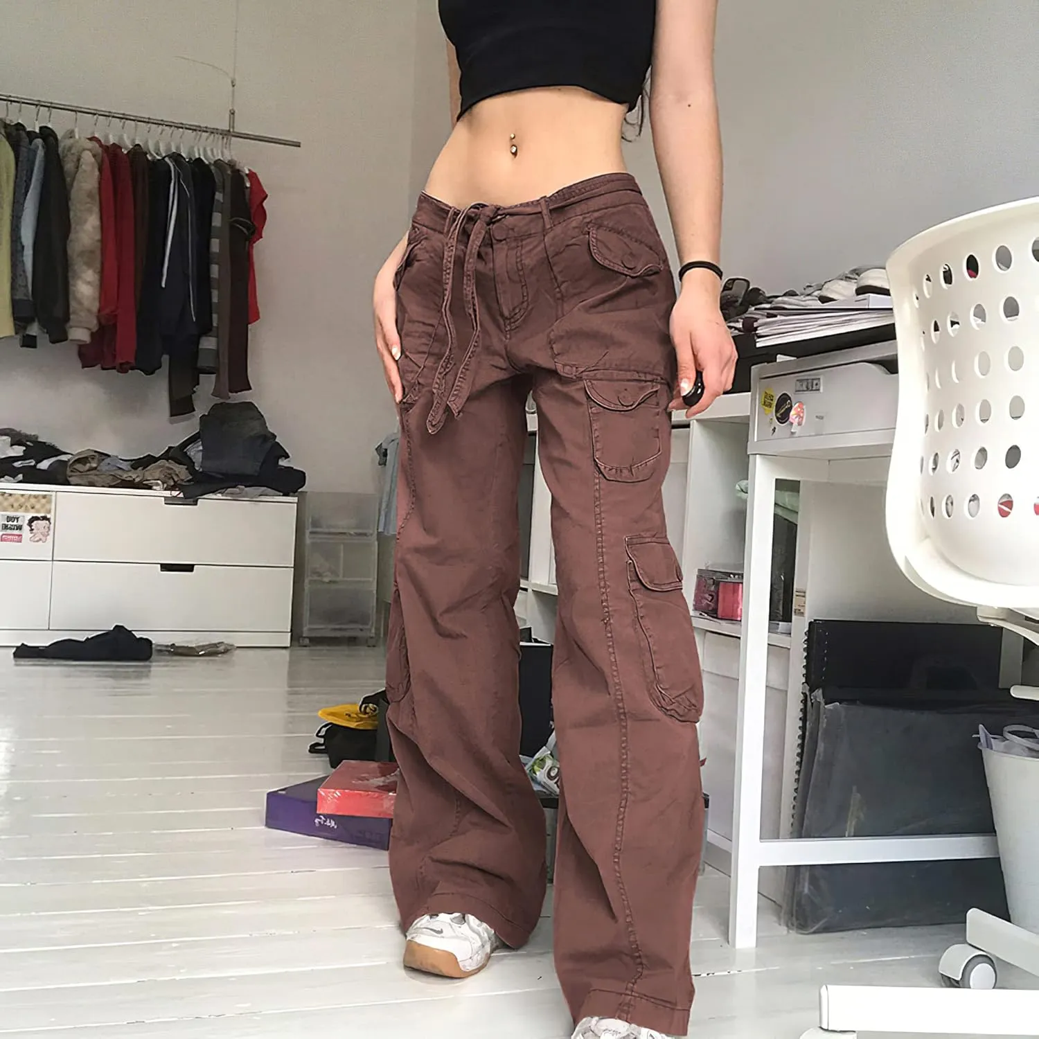Akivide Women's Tactical Active Multi-Pockets Cargo Pants Casual High Waist Drawstring Combat Military Trouser