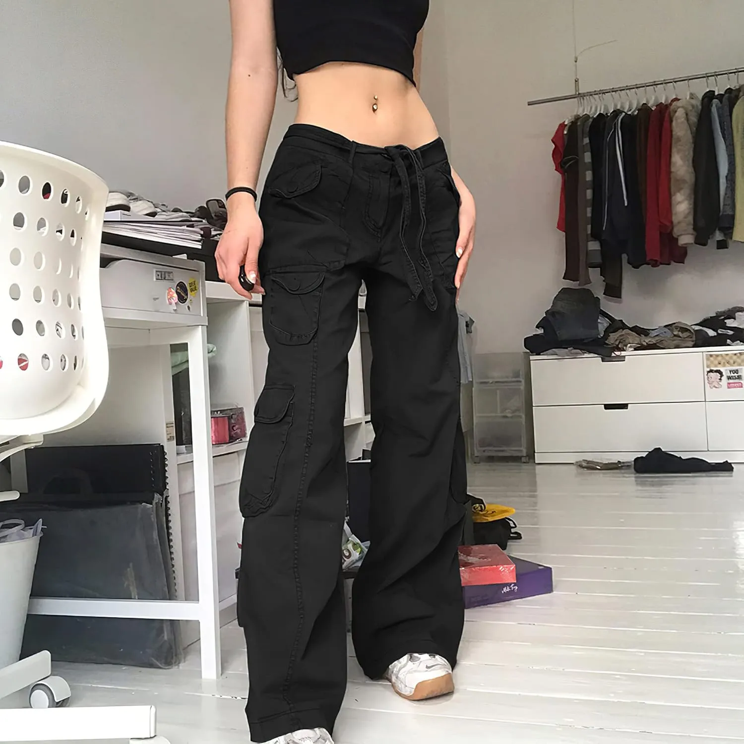 Akivide Women's Tactical Active Multi-Pockets Cargo Pants Casual High Waist Drawstring Combat Military Trouser