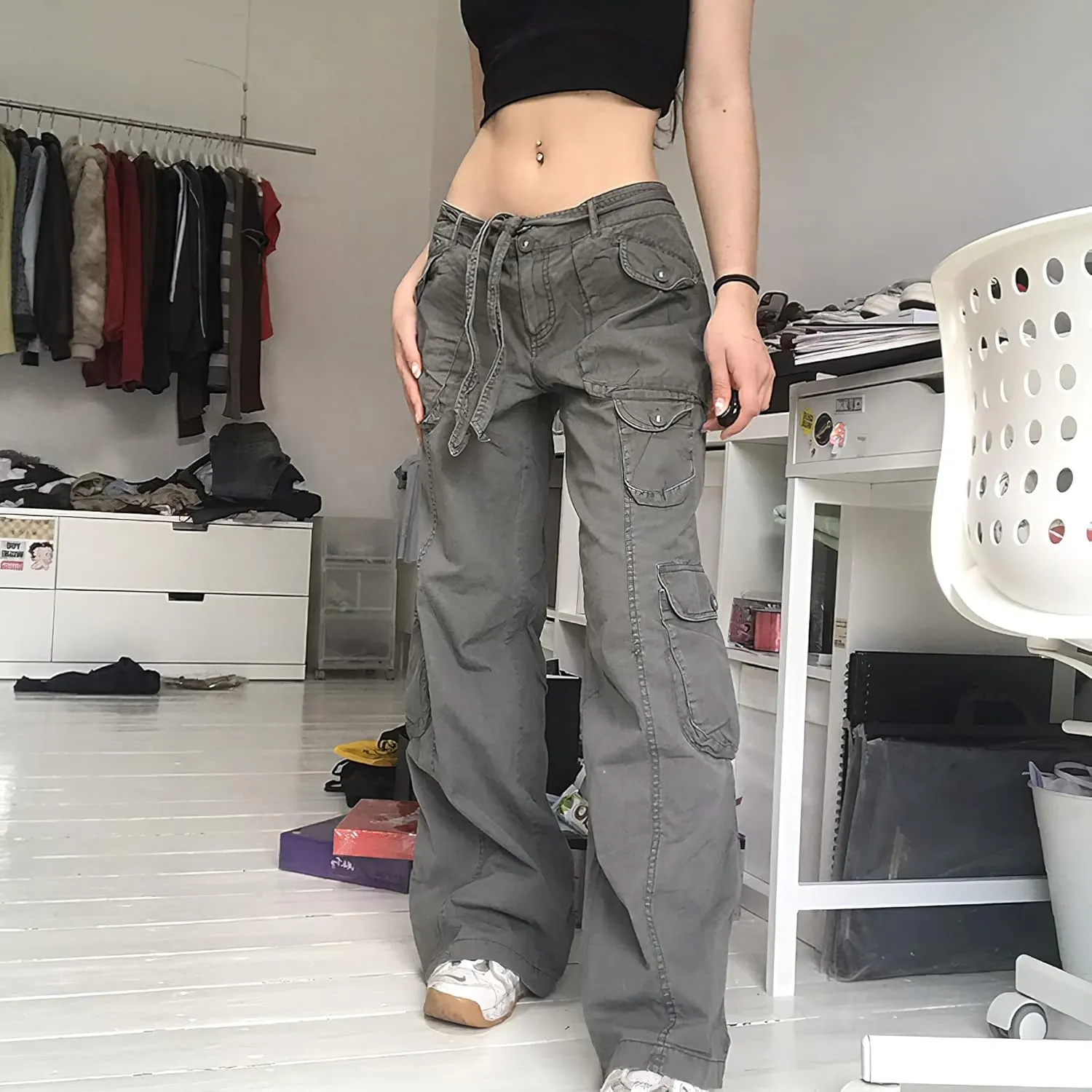 Akivide Women's Tactical Active Multi-Pockets Cargo Pants Casual High Waist Drawstring Combat Military Trouser
