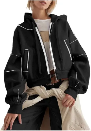 Akklian Zip Up Hoodies for Women Fashion Cropped Sweatshirt Fleece Lined Y2K Fall Teen Girls Preppy Clothes Casual Jackets