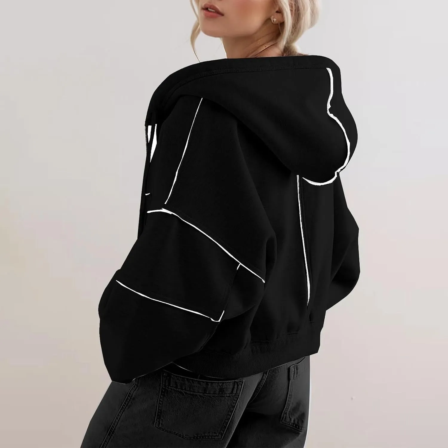 Akklian Zip Up Hoodies for Women Fashion Cropped Sweatshirt Fleece Lined Y2K Fall Teen Girls Preppy Clothes Casual Jackets
