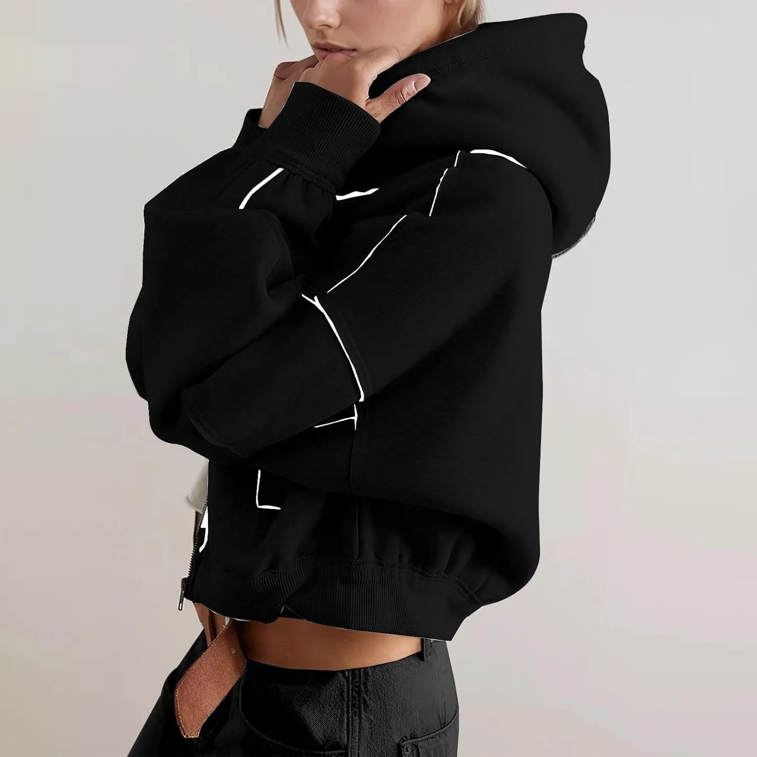 Akklian Zip Up Hoodies for Women Fashion Cropped Sweatshirt Fleece Lined Y2K Fall Teen Girls Preppy Clothes Casual Jackets