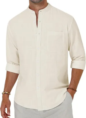 Alimens & Gentle Men's Cotton Linen Shirts Long Sleeve Button Down Shirt Band Collar Beach Shirts