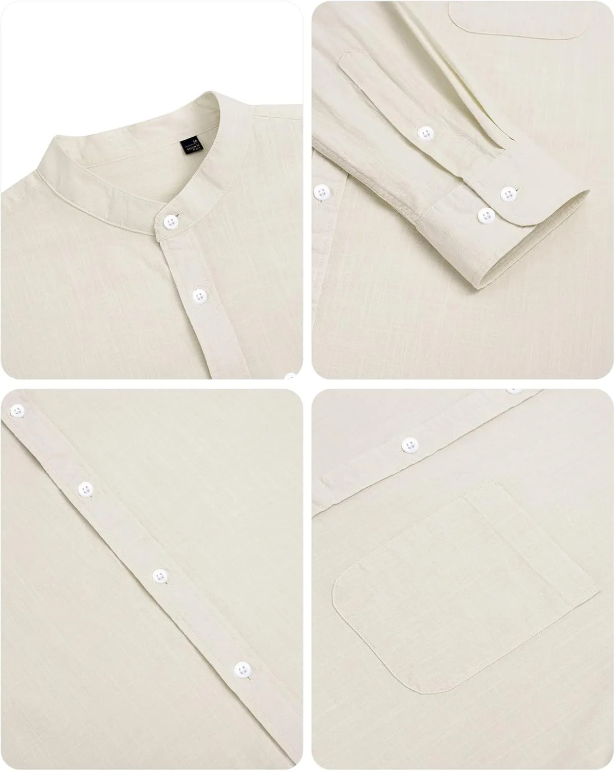 Alimens & Gentle Men's Cotton Linen Shirts Long Sleeve Button Down Shirt Band Collar Beach Shirts