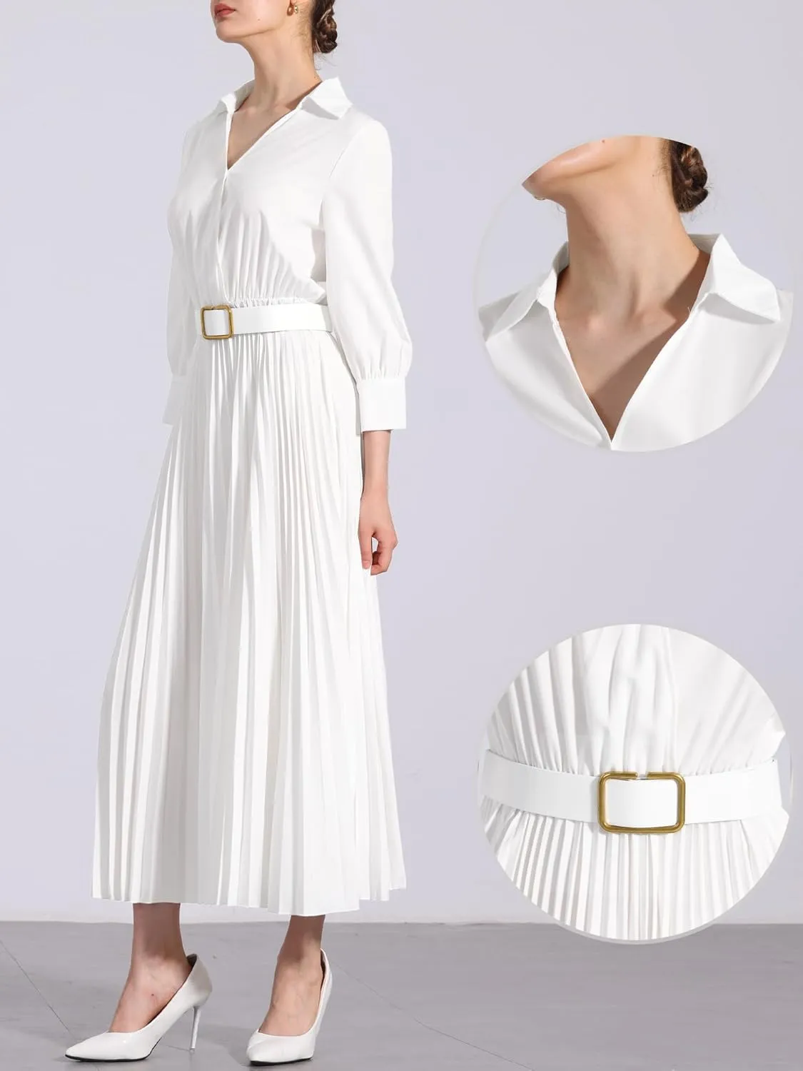 Allegra K Elegant Pleated Dress for Women's 3/4 Sleeves Collar V Neck Belted Maxi Dresses