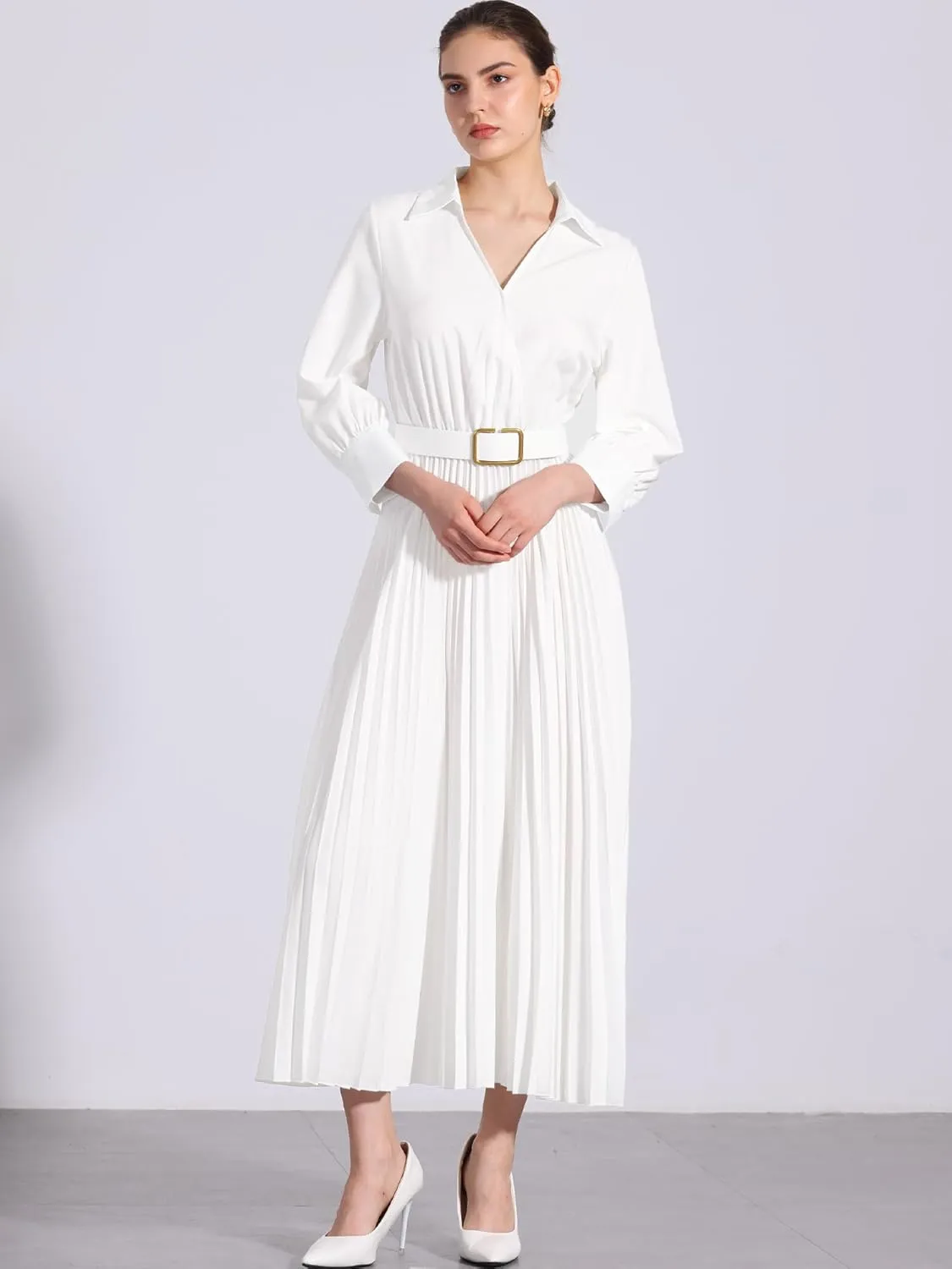 Allegra K Elegant Pleated Dress for Women's 3/4 Sleeves Collar V Neck Belted Maxi Dresses