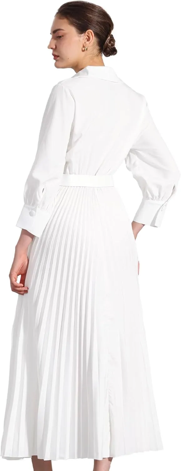 Allegra K Elegant Pleated Dress for Women's 3/4 Sleeves Collar V Neck Belted Maxi Dresses