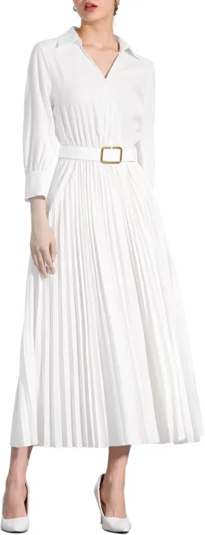 Allegra K Elegant Pleated Dress for Women's 3/4 Sleeves Collar V Neck Belted Maxi Dresses