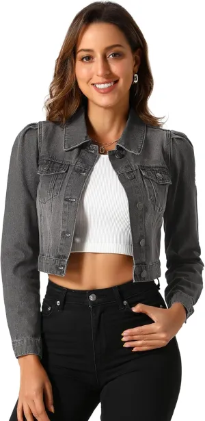 Allegra K Women's Jean Jackets Puff Sleeve Button Up Cropped Denim Jacket